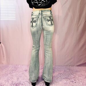 Y2K Light Wash Embroidered Cross Pocket Bootcut Jeans Rhinestone Gothic Denium